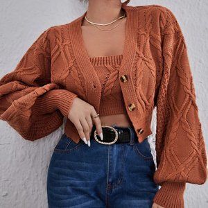 Cable Knit Tube & Bishop Sleeve Button Front Crop Cardigan Set
